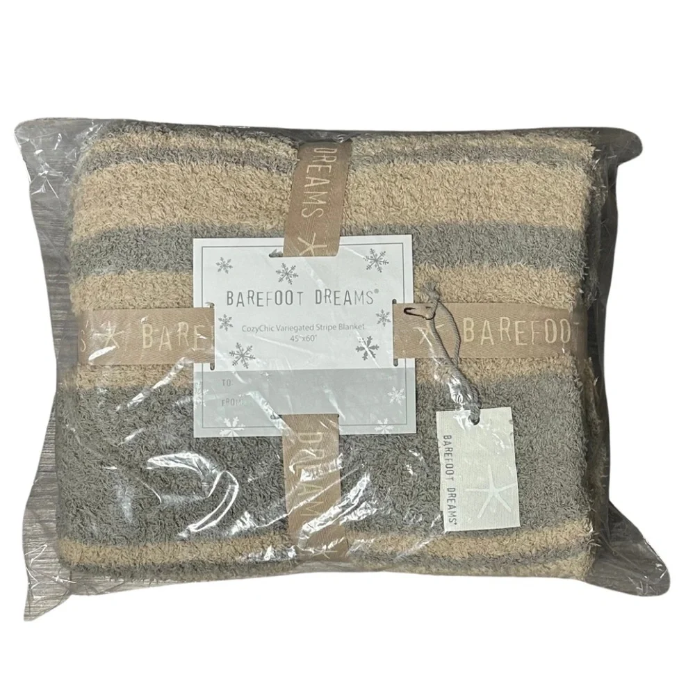 Barefoot Dreams CozyChic Variegated Stripe Throw Blanket, Tan/Warm Grey, 45”x60” - Picture 2 of 2